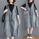 Elegantes blaues Patchwork-Maxi-Slip-Kleid aus Denim mit V-Ausschnitt und Ärmeln